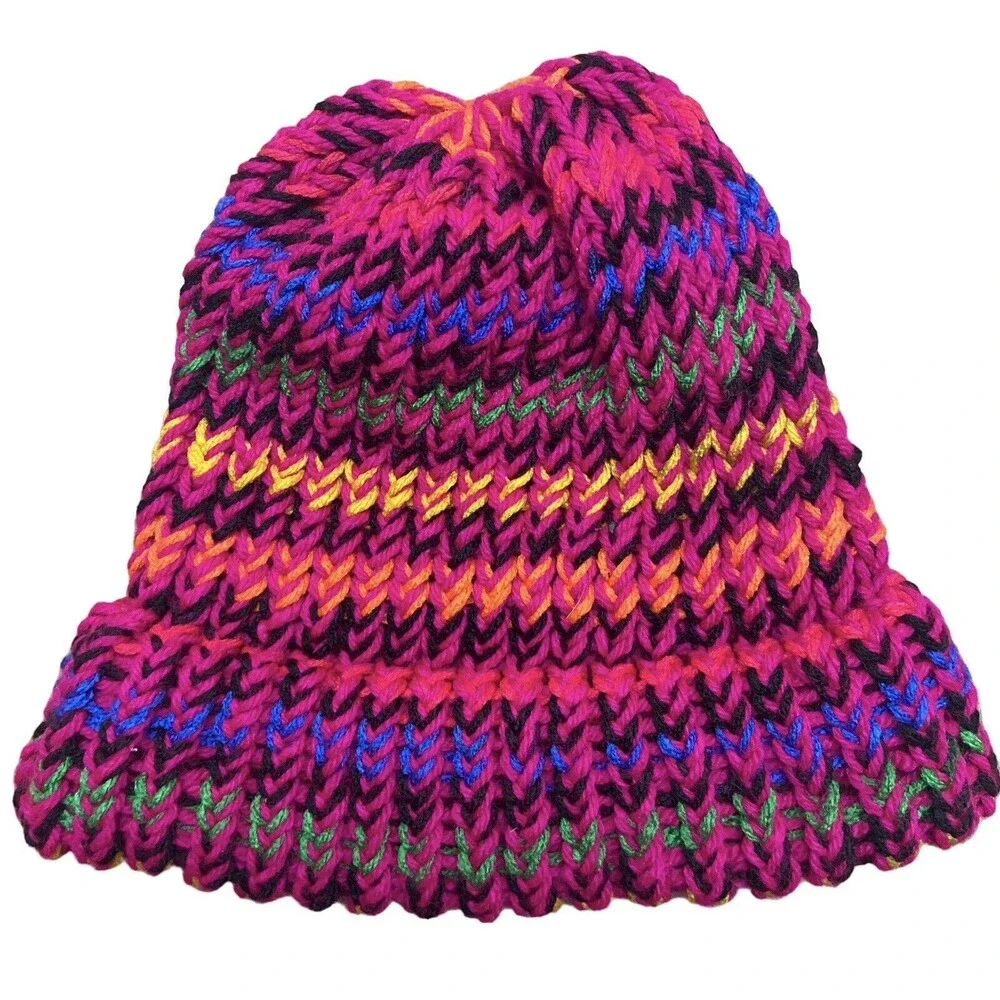 Colorful Hand Knit Ski Cap Pink Purple Grene Yellow  One Size
